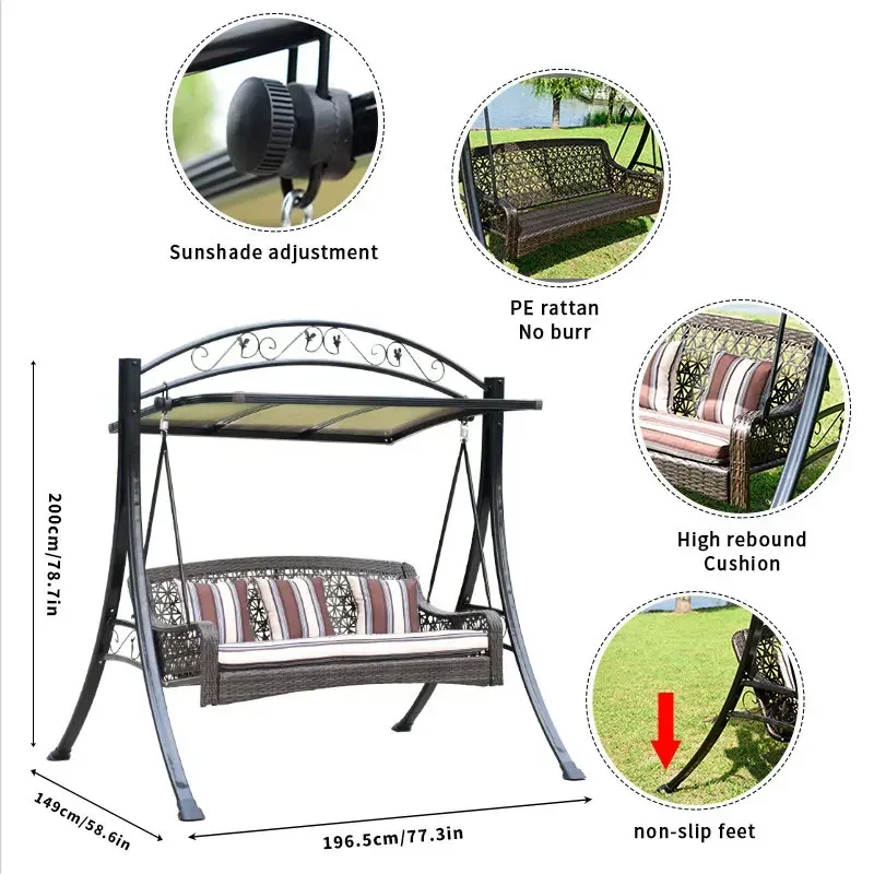 Lazer ao ar livre Cadeira de balanço de metal para três pessoas Jardim Pátio Assentos de vime Cadeira de balanço