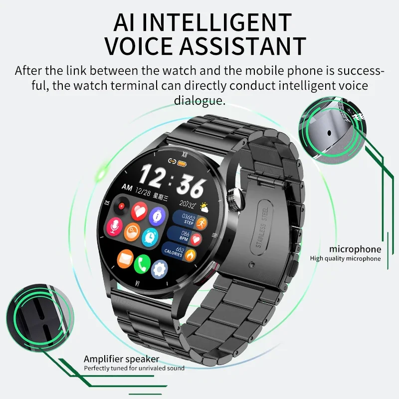 Lige-Montre intelligente pour homme, écran HD AMOLED, détection de la température Linge, voix intelligente AI, Bluetooth, horloge d\'appel, 2024