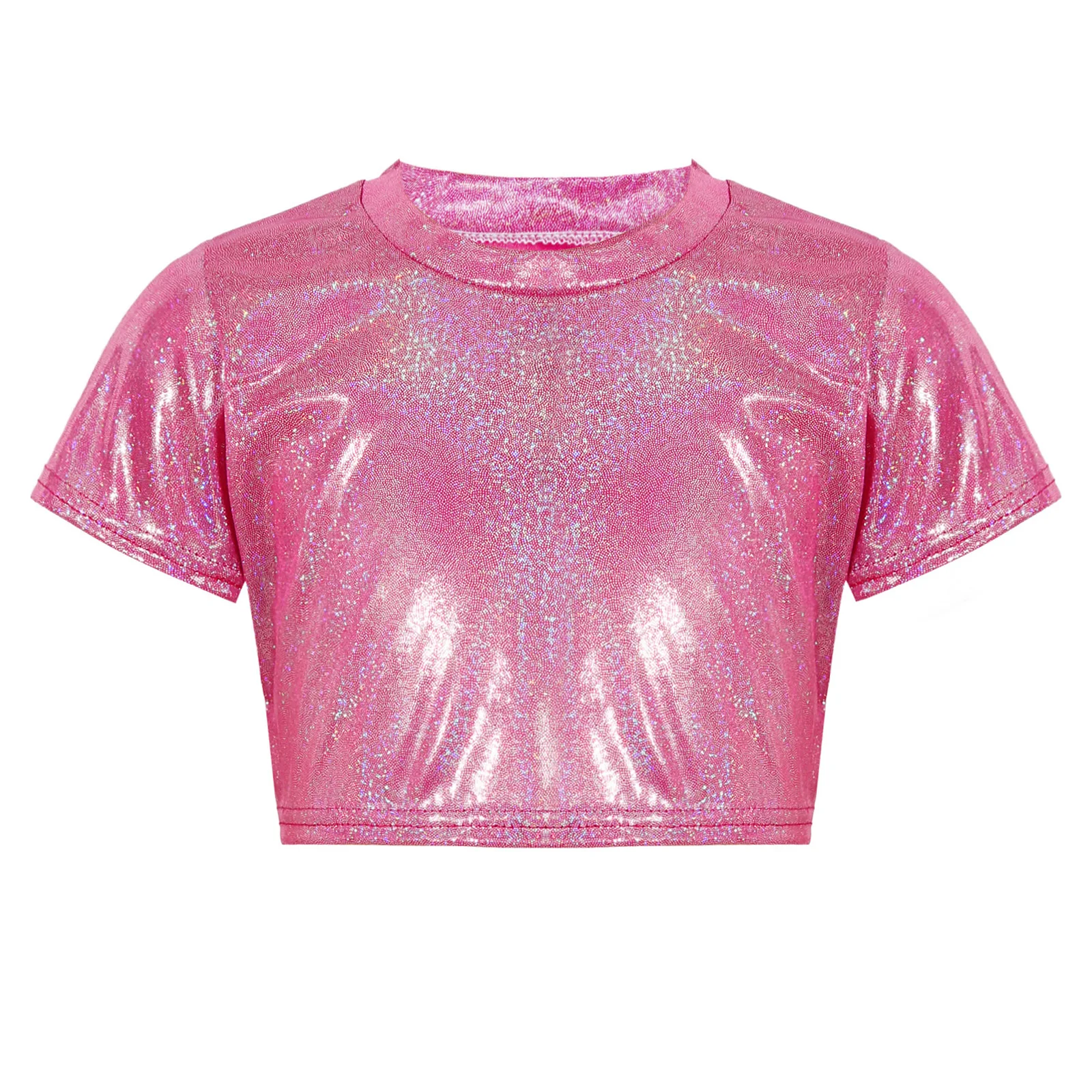 Kids Girls Boys Jazz Dancewear Shiny Metallic Tops Short Sleeve Crop Top T-shirt for Carnival Party Stage Performance Costume