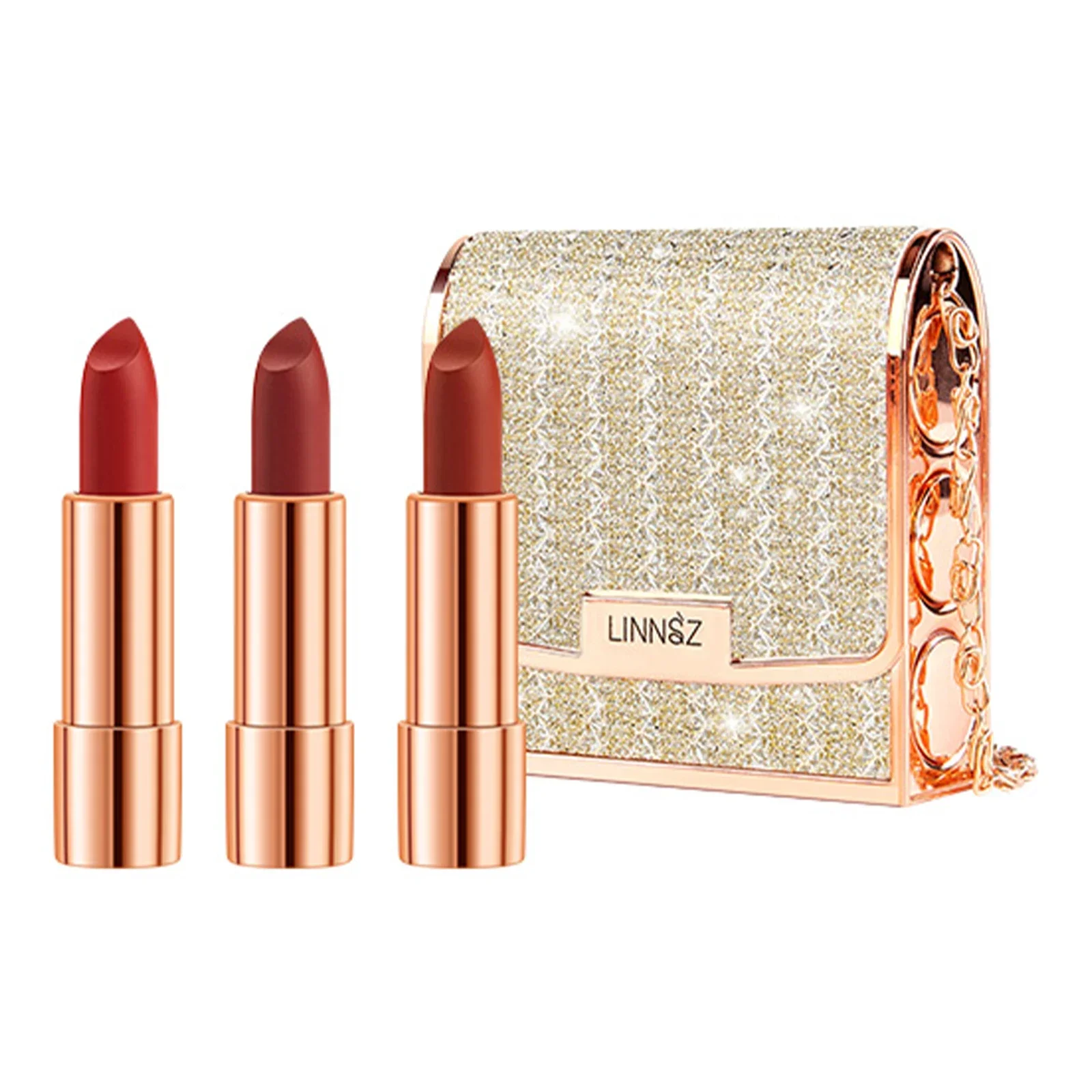 

Matte Lipstick Set 3 Colours with Silver Chain Bag Waterproof Non-Stick Long Lasting Red 3.5gx3pcs