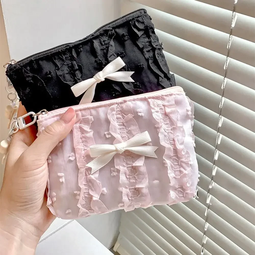Cute Bow Girls Storage Bag Solid Color Soft Coin Purse Lipstick Headphone Bag Large Capacity Lace Clutch Bag