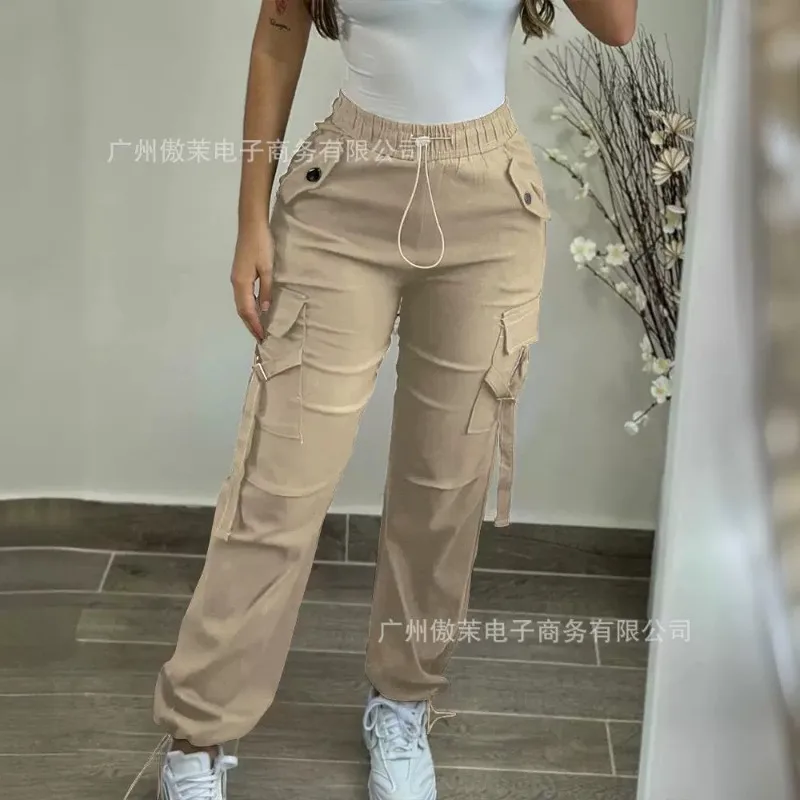 

2024 Spring Summer New Women's Clothing Solid Color Casual Elastic Waist Pants Cargo Trousers Pockets