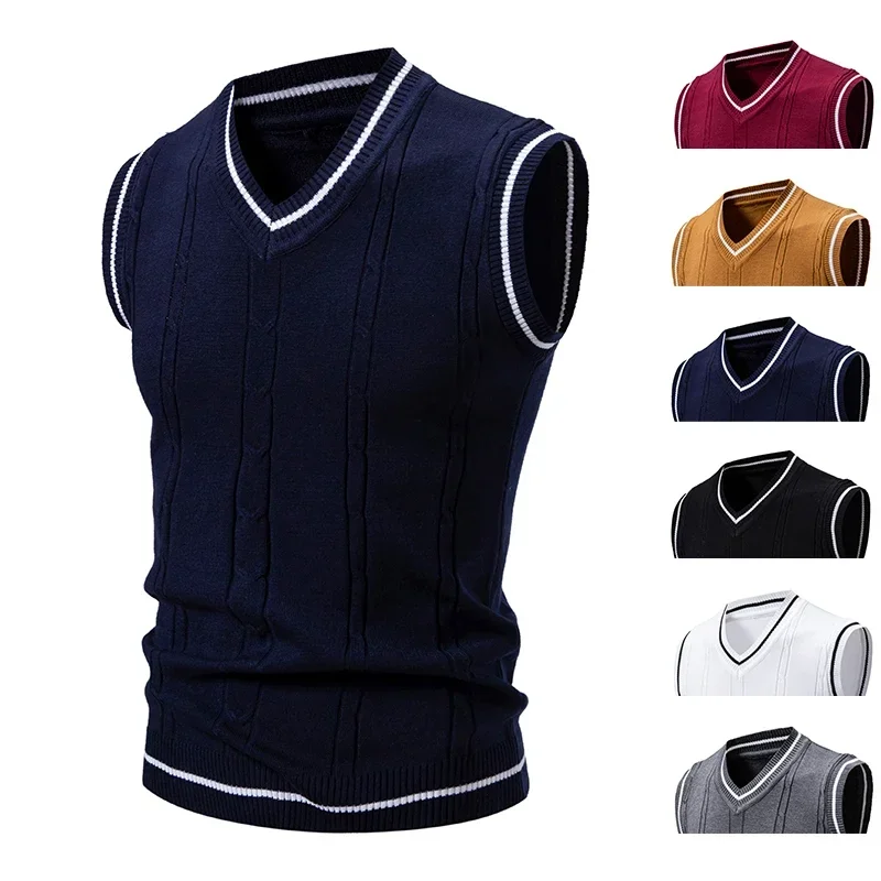 Men's Fashion New V-neck Sleeveless Sweater Embroidery Lining Color Matching Leisure Vest Men's Shirts