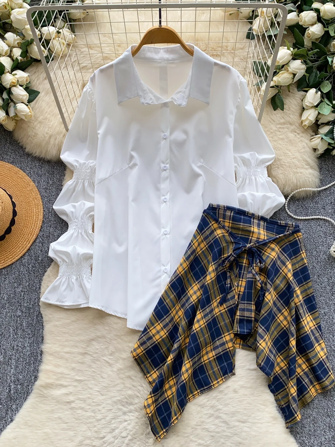 Korean College Style Bubble Sleeve Shirt And High Waist Skirt Set Women's Autumn Fashion Outfit Small Size Age Reduction