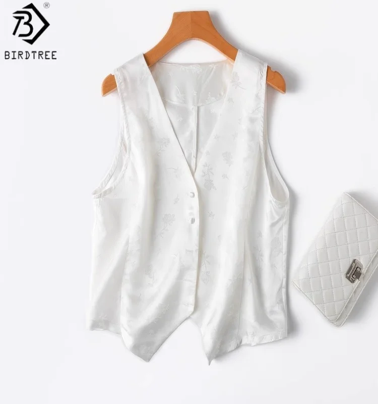 

Birdtree 100% Mulberry Silk White Waistcoat,Women's Jacquard Satin Deep V-neck Sleeveless Single Breasted Coat,2025 New T58325JF