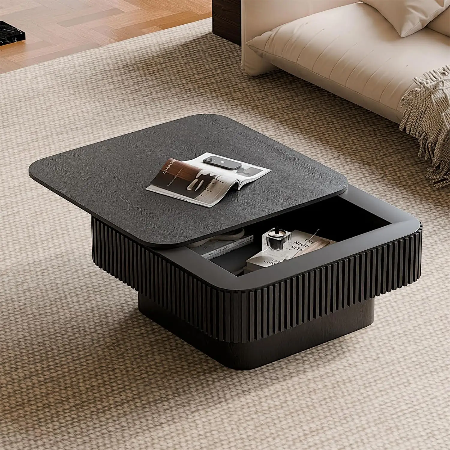 Square Coffee Table Fluted Drum Accent Storage Solid Wood Modern Small Space Office Apartment 31.5