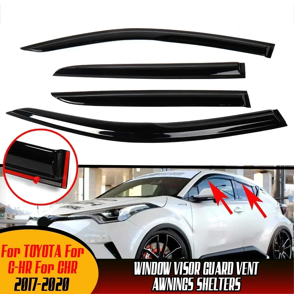 4 Pcs Black Tinted Car Side Window Visor Guard Vent Awnings Rain Guard Door Visor For TOYOTA For C-HR For CHR 2017-2020 Body Kit