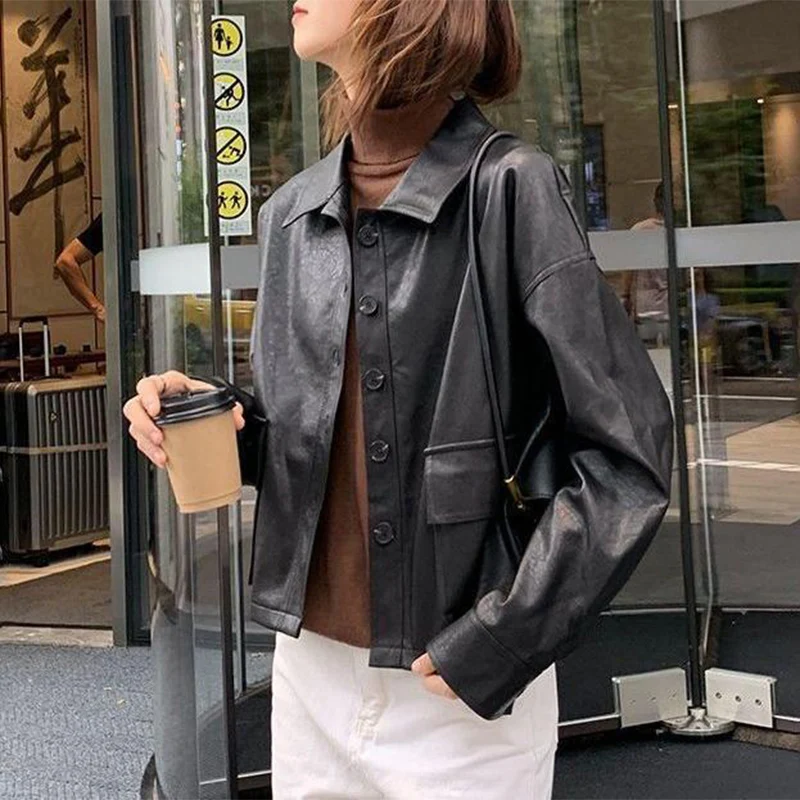 

Куртка из искусственной кожи, женская осенняя мода, винтажное однобортное пальто с карманами, укороченные кожаные куртки в байкерском стиле для женщин