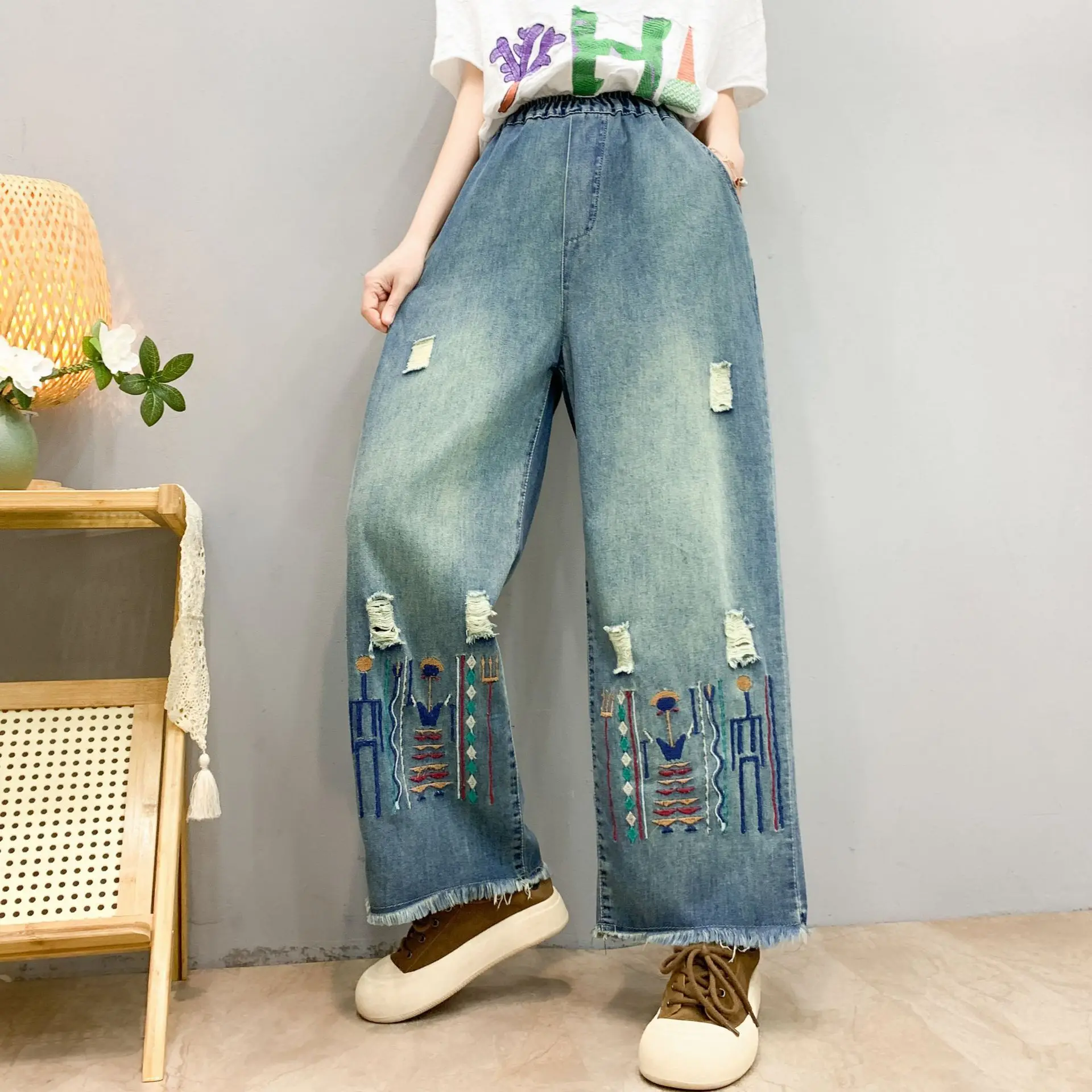 Denim Pant Women Jeans Wide Leg Long Pants High Waist Straight Mom Jeans Trousers Y2k Streetwear Elegant Splice Work Summer 2025