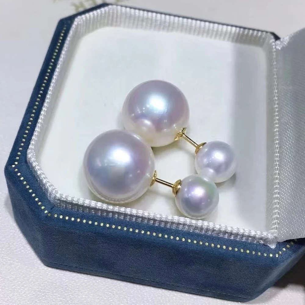 Dual-Style Classic Double Pearl Stud Earrings with 18K Gold Thick Posts and Super Large 13–14mm Natural Aurora Freshwater Pearls