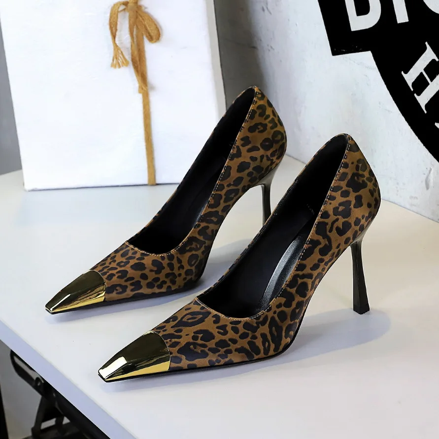 

BIGTREE Fashion Metal Square Toe High Heels Women Designer Leopard Print Pumps Party Dress Shoes Mules Zapatos De Mujer