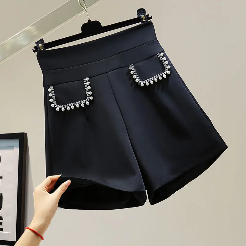 Spring Summer Thin High Waist A-line Shorts Wide Leg Pants 2023 Korean Loose Femme Solid Color Diamonds New Women's Clothing