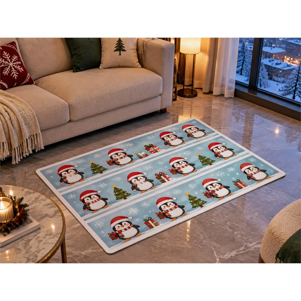 VIKAMA Christmas Ice Blue Penguin Flannel Door Mat, Anti-Slip Washable Xmas Rug, Christmas Decor for Living Room, Kitchen