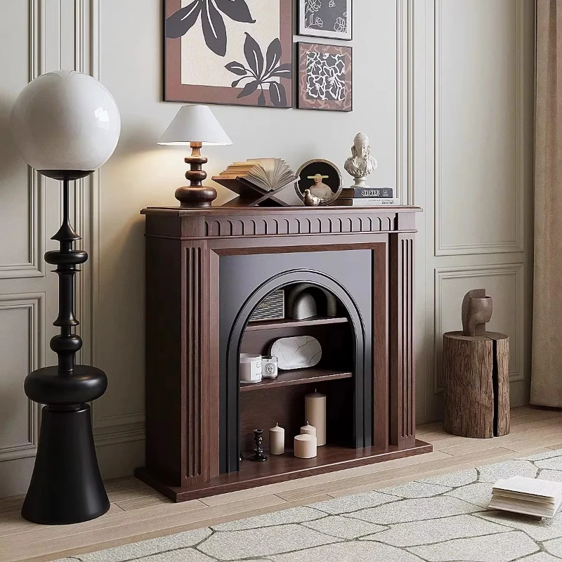 

French retro American modern wood fireplace cabinet living room porch black and white two-color collision home decoration