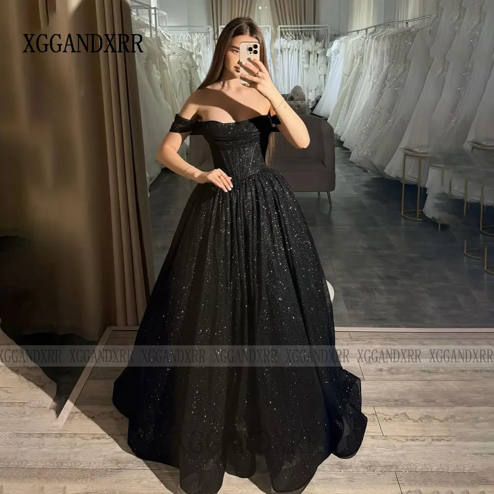 Customized A Line Prom Dress 2026 Sparkling Fabric Sweetheart Off Shoulder Backless Elegant Evening Party Gown Luxury Formal