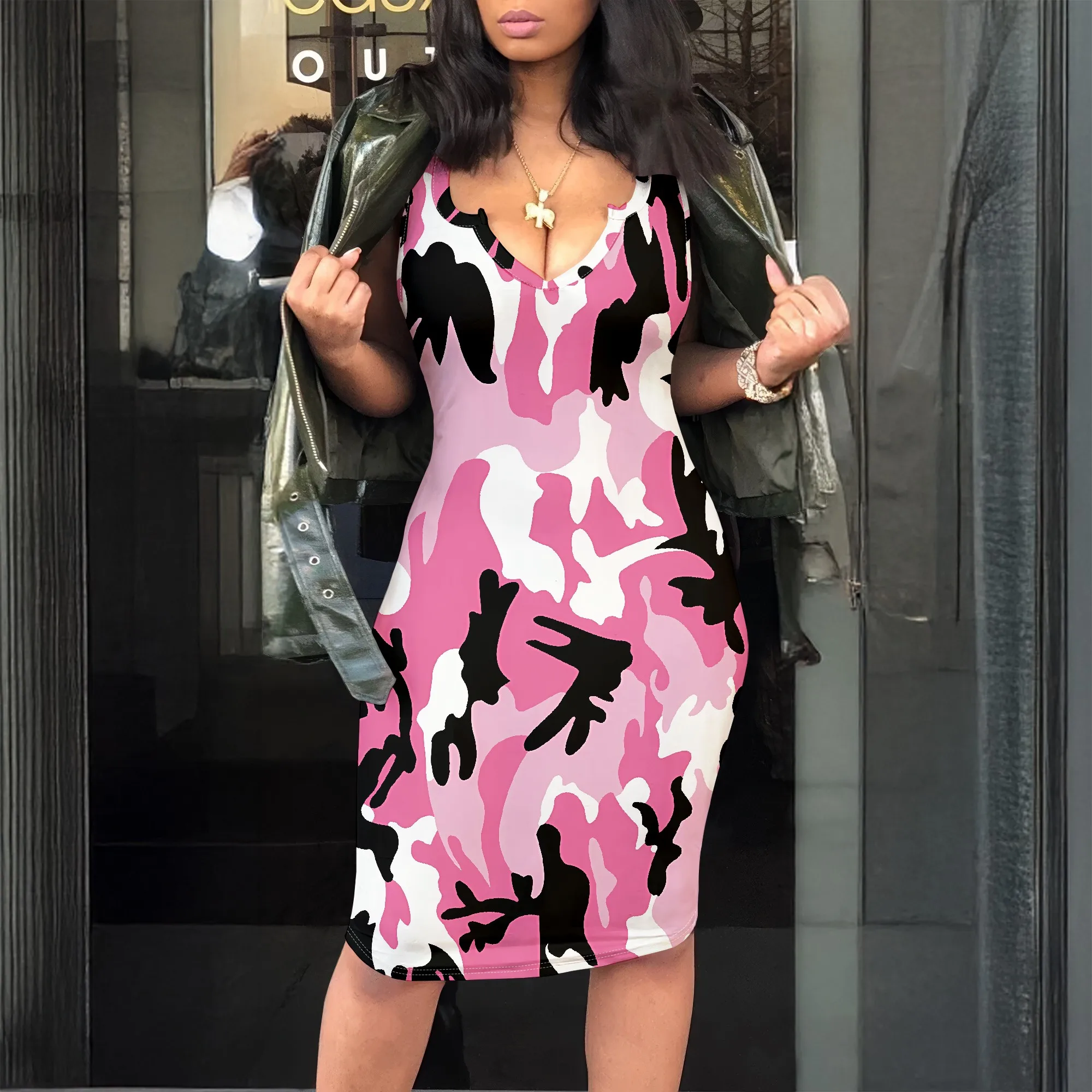 

Pink Camo V-Neck Tank Dress, Bodycon Summer Mini Dress for Women, Casual Party Club Wear S-2XL