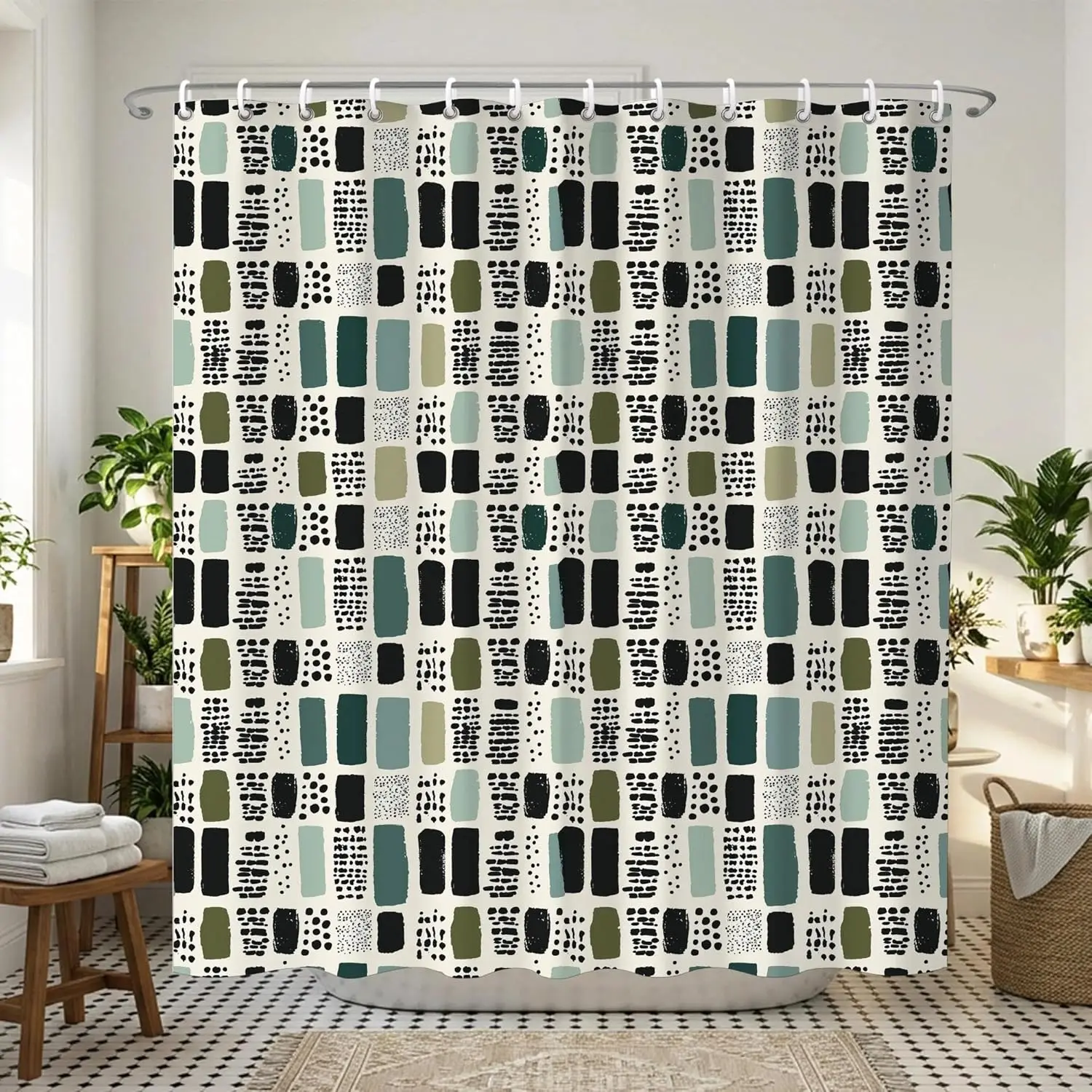 

Boho Sage Green Shower Curtain for Bathroom,Bohemian Green Checkered Shower Curtains,Funny Sage Geometric Bathroom Decor