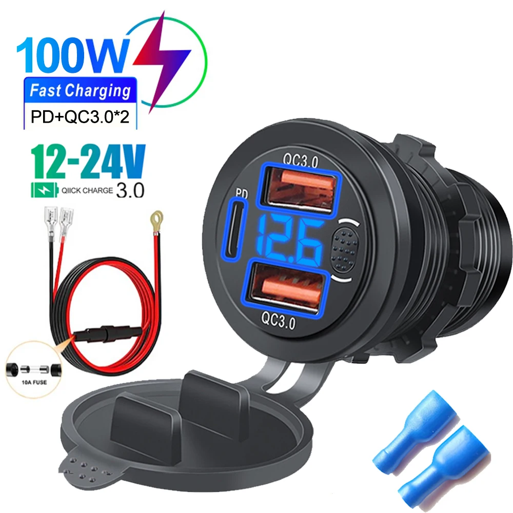 Drie Poorten Autolader PD Dual QC3.0 USB Lader Socket met Met Digitale Voltmeter Knop Schakelaar 12 V/24 V voor Motor Auto