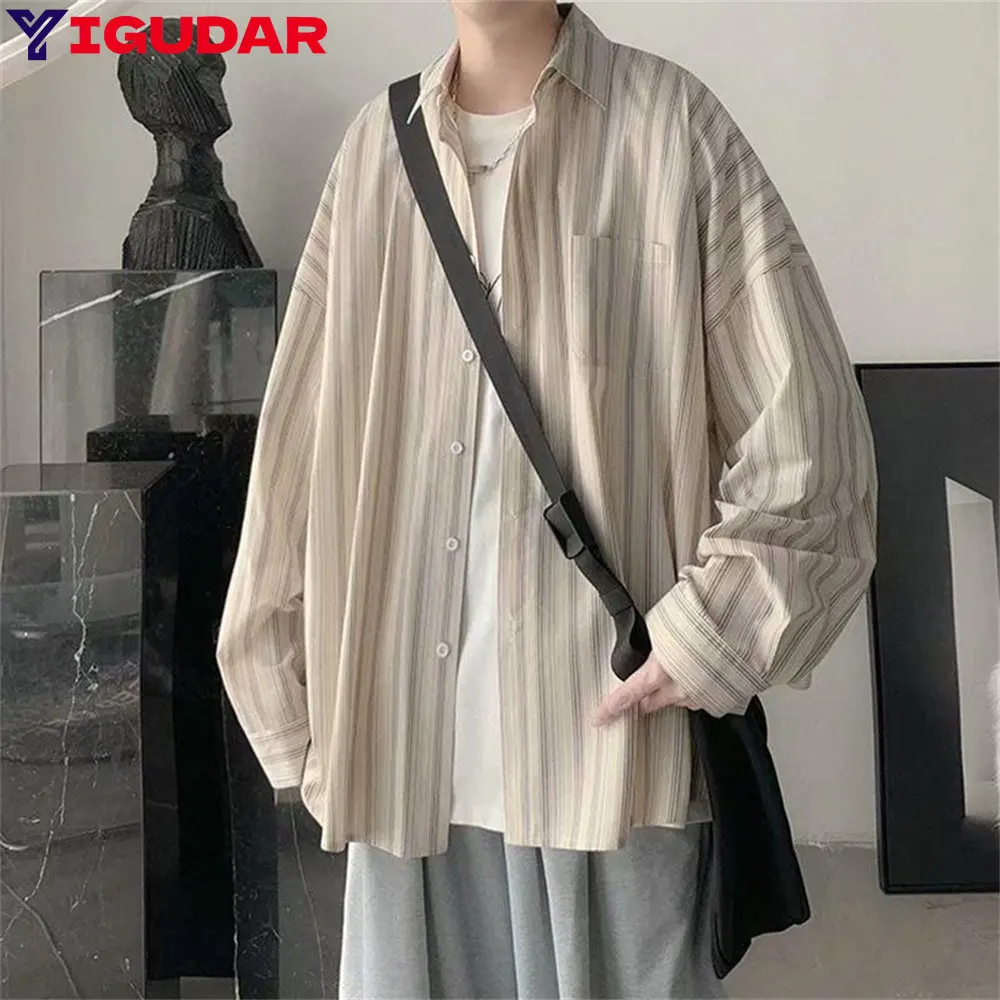 

Men's Casual Blouse Shirt Stripe Printing Loose Tops Long Sleeve Tee Shirt Spring Autumn Casual Handsome Men's Shirts 2025 New