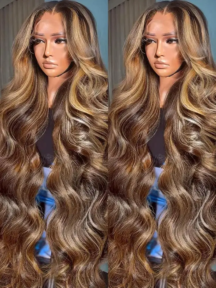 Body Wave Lace Front Human Hair Wig Ombre Brown Highlight Honey Blonde Color 4/27 Wig 5x5 Transparent Closure 180 Density Wigs