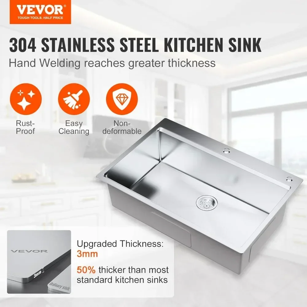 VEVOR Kitchen Sink, 304 Stainless Steel Drop-In Sinks, Top Mount Single Bowl Basin with Ledge and Accessories