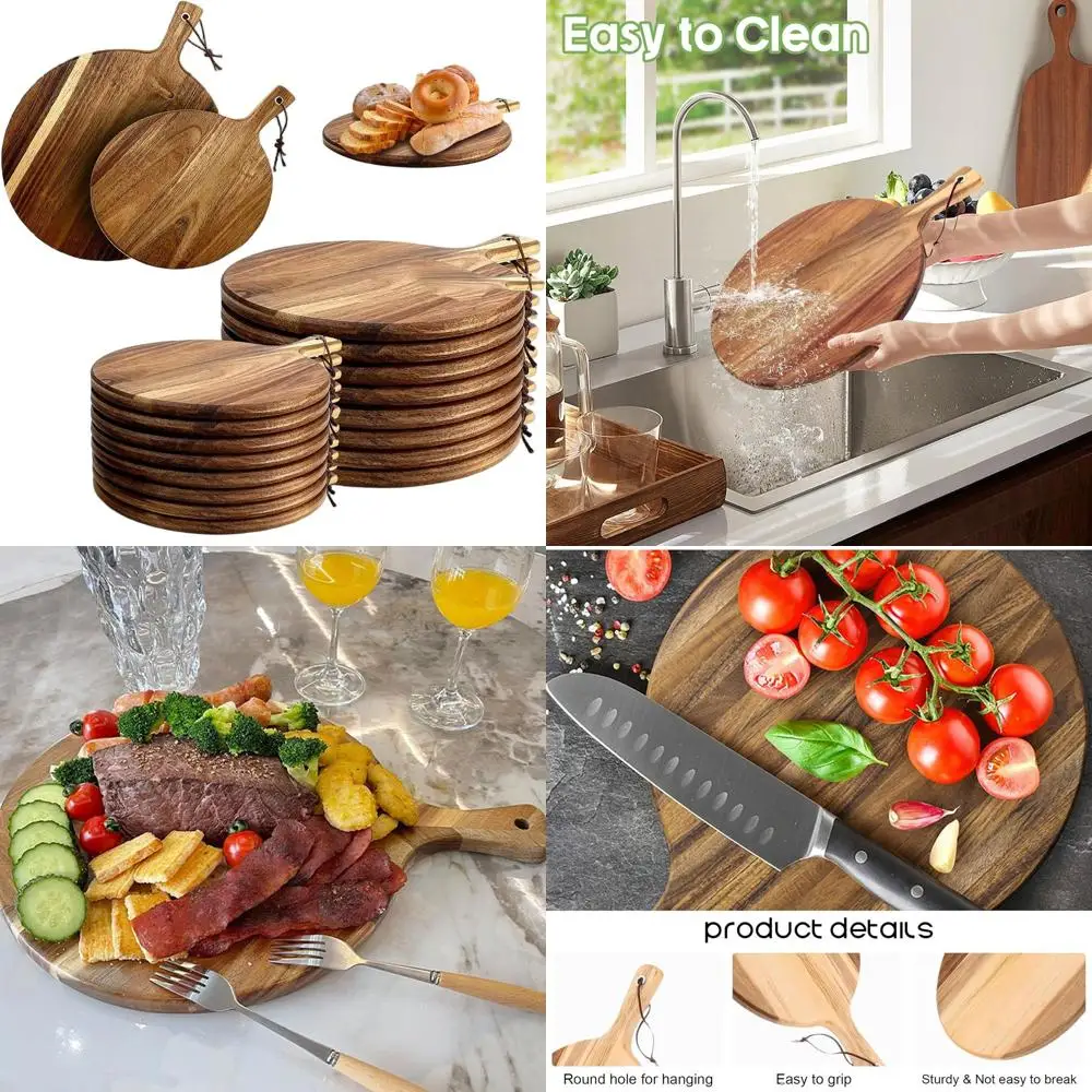

Acacia Wood Round Serving Boards with Handle, 2 Sizes - Charcuterie Trays & Chopping Paddles for Kitchen Use