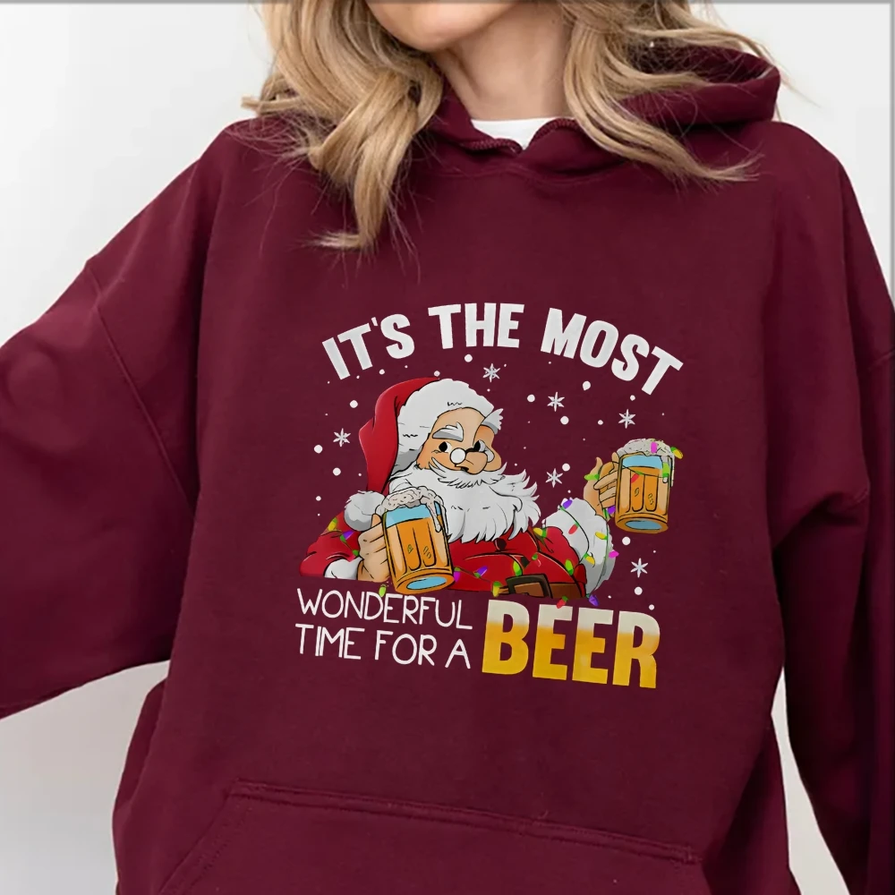 Joyful Santa Claus It\'s the Most Wonderful Time For A Beer Casual Hoodie Sweatshirt Long-Sleeve Top Merry Christmas Sweater