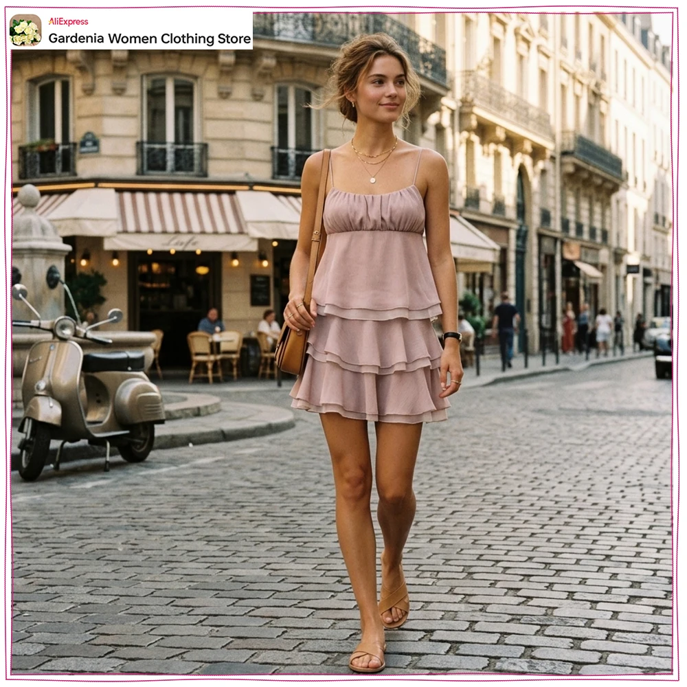 

Elegant Chic Summer Co-ord Sets for Women Stylish Light Pink Skirt Sets Ruched Camisole Top + Tonal Mid-rise Ruffled Mini Skirt