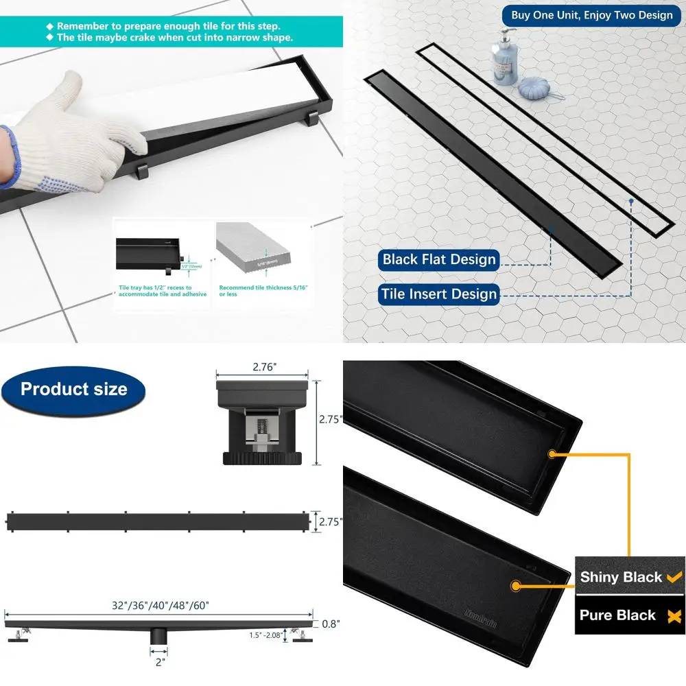 

Adjustable 32 Rectangle Shower Drain with Flat & Tile Insert, Hair Strainer, and Shiny Black Cover