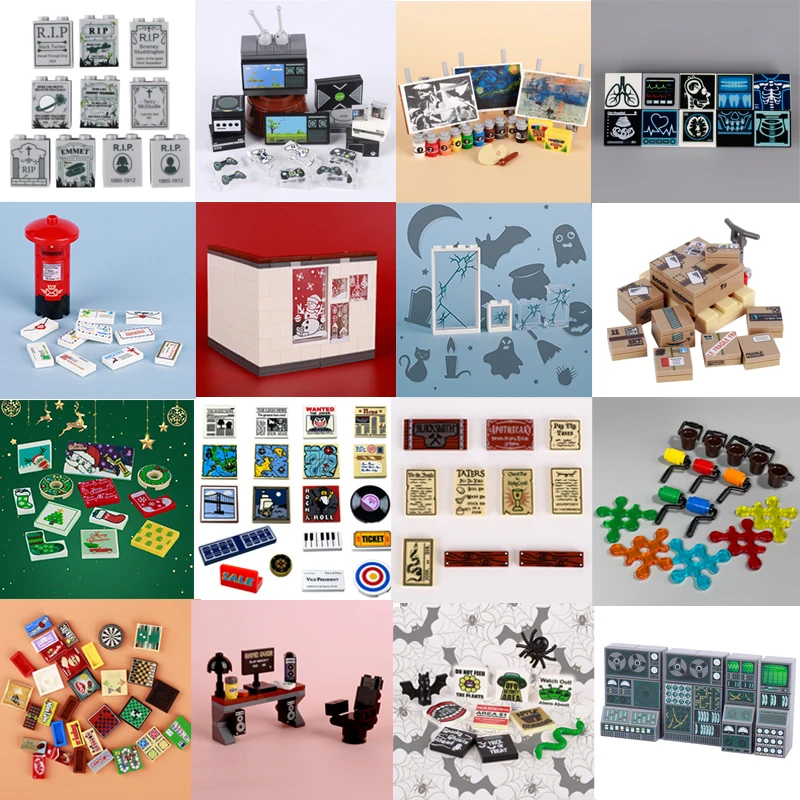 MOC City Street View Building Blocks Computer Controller Medical CT Road Signs Game Consoles Dessert Cabinets Printed Bricks Toy