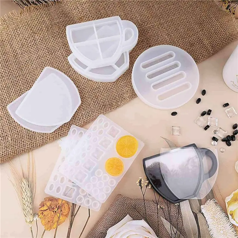 DTA5 14 Pcs Coaster Resin Mold Set, Silicone Coffee Cup Shape Epoxy Resin Molds with Lemon Coffee Bean Mold for DIY for Craft