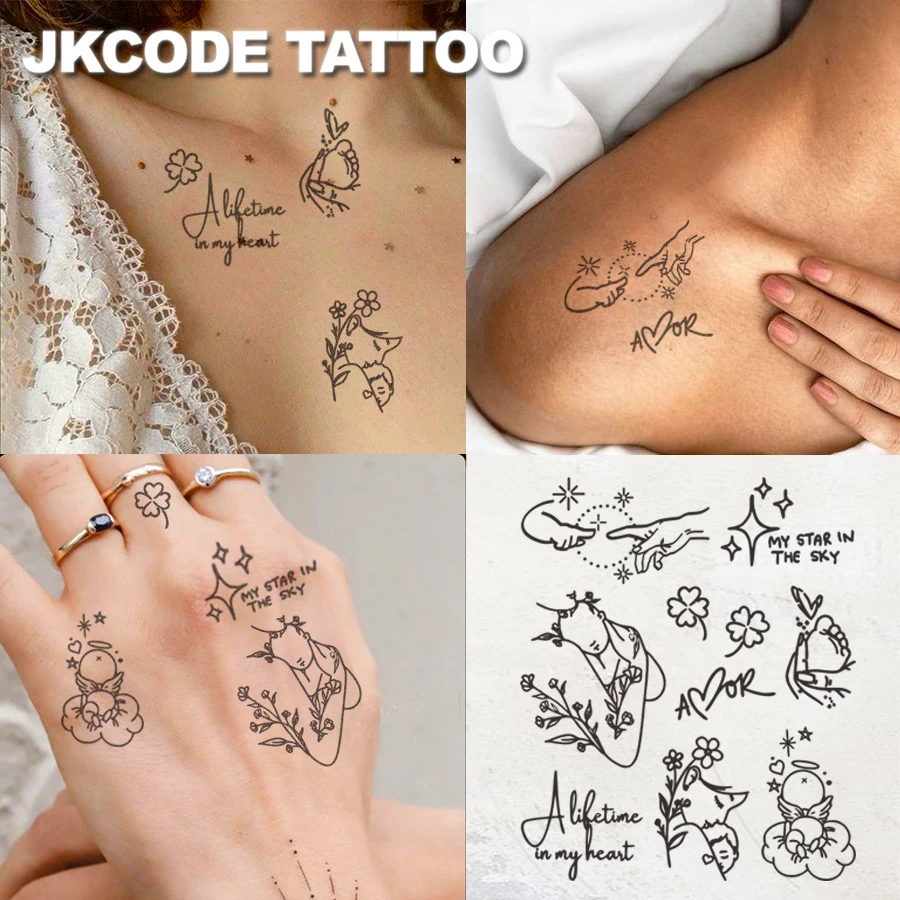 Tatuagem mínima do amor da família - Adesivo de tatuagem de ervas - Padrão de ilustração de papai e maomia com tema "amor" - Acessórios fofos de tatuagem fashion para mulheres, à prova d'água de longa duração para dedos, mãos e pescoço, dura 15 dias