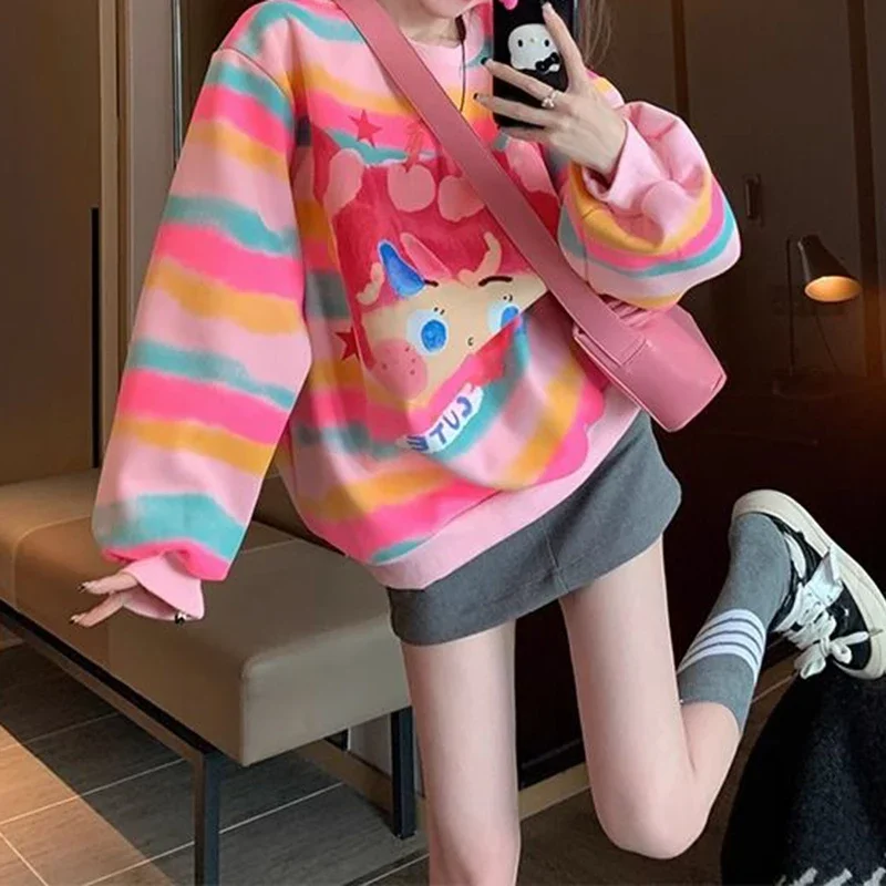 American color striped velvet sweater women's autumn and winter new retro loose round neck hoodless fashion casual Joker top.