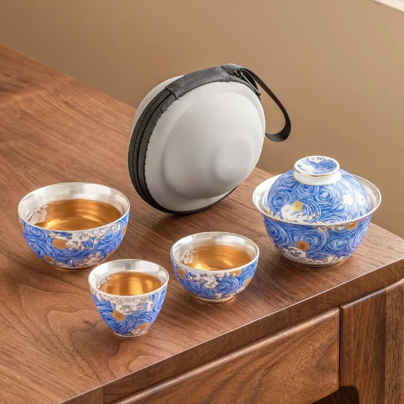 Starry Sky Hand-plated 999 Silver Express Cup 1 Bowl 3 Cups Outdoor Portable Creative Travel TeaSet Picnic Camping TeaSet Gifts