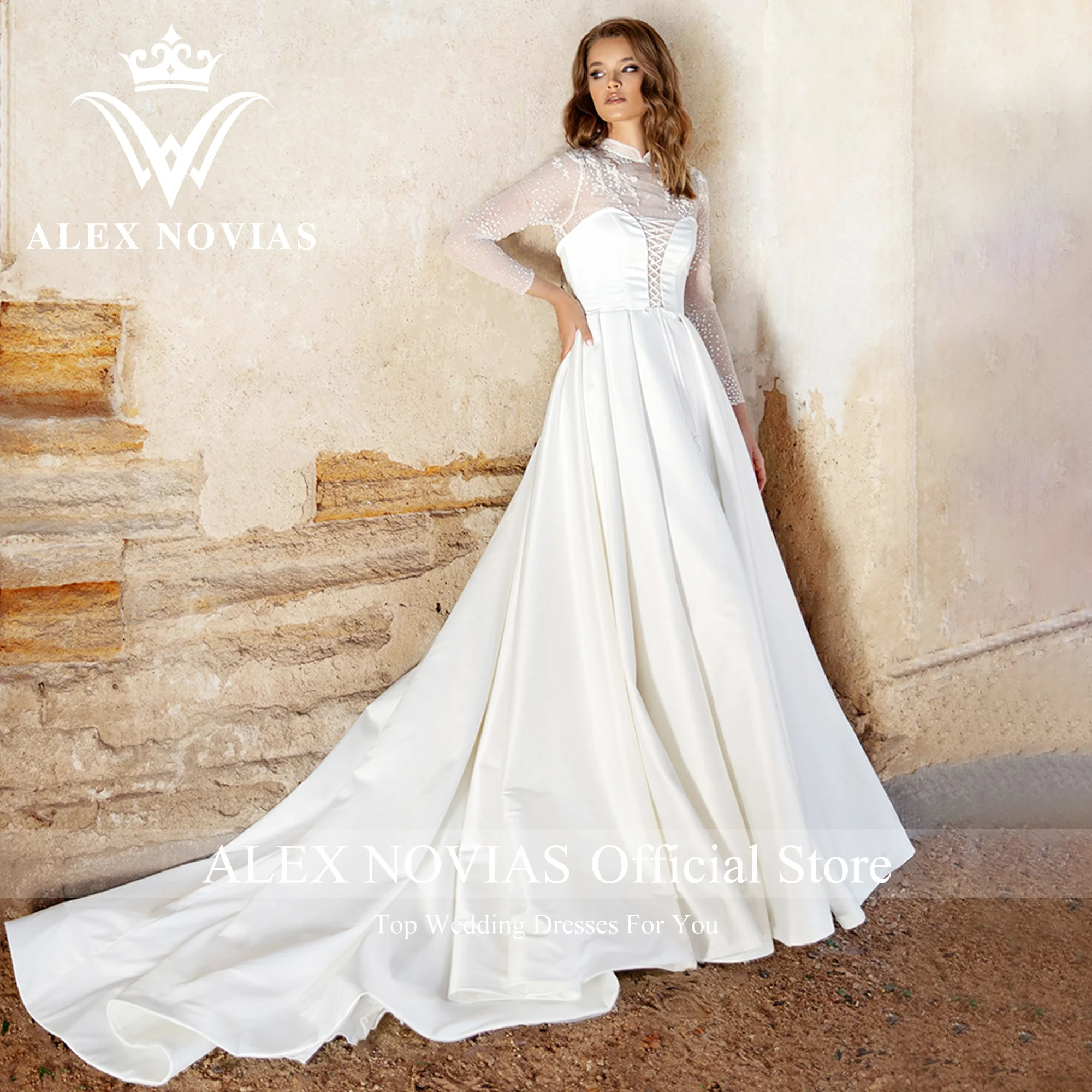 ALEX novias ชุดแต่งงานแขนยาวผ้าซาติน2023สูงโรแมนติก appliques ภาพลวงตา A-Line ชุดเจ้าสาว vestidos novias de saten