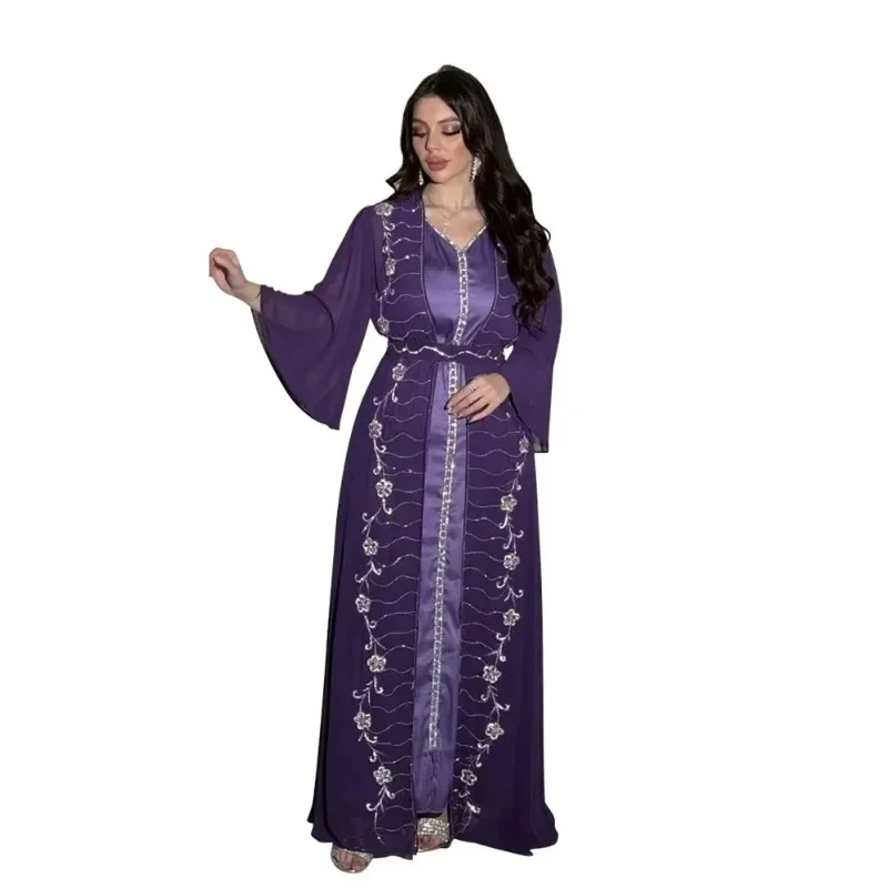 Vestidos musulmanes de moda de otoño para mujer, vestido Abay largo musulmán de manga larga con cuello en V para fiesta y noche, trajes interiores y Abaya