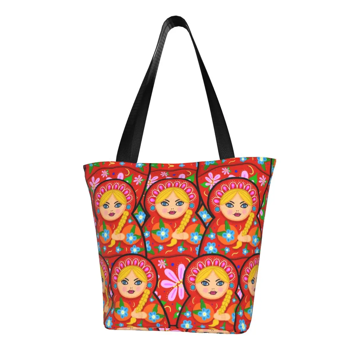 Cute Russian Doll Matryoshka Shopping Tote Bag Recycling Russia Folk Art Babushka Pattern Canvas Groceries Shopper Shoulder Bag