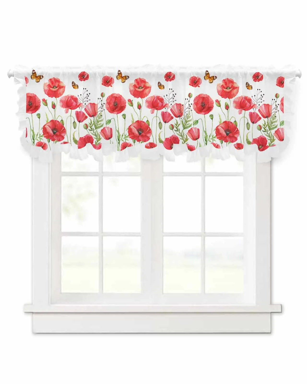 Red Watercolor Poppy Flower Short Tulle Half Curtains for Living Room Kitchen Door Cafe Window Sheer Valance Drapes