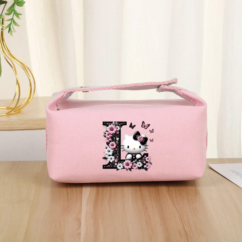 Hello Kitty Cosmetic Bag Sanrio Cartoon Letter A-z Gothic Square Storage Handbags Travel Portable Large Capacity Handle Pouch