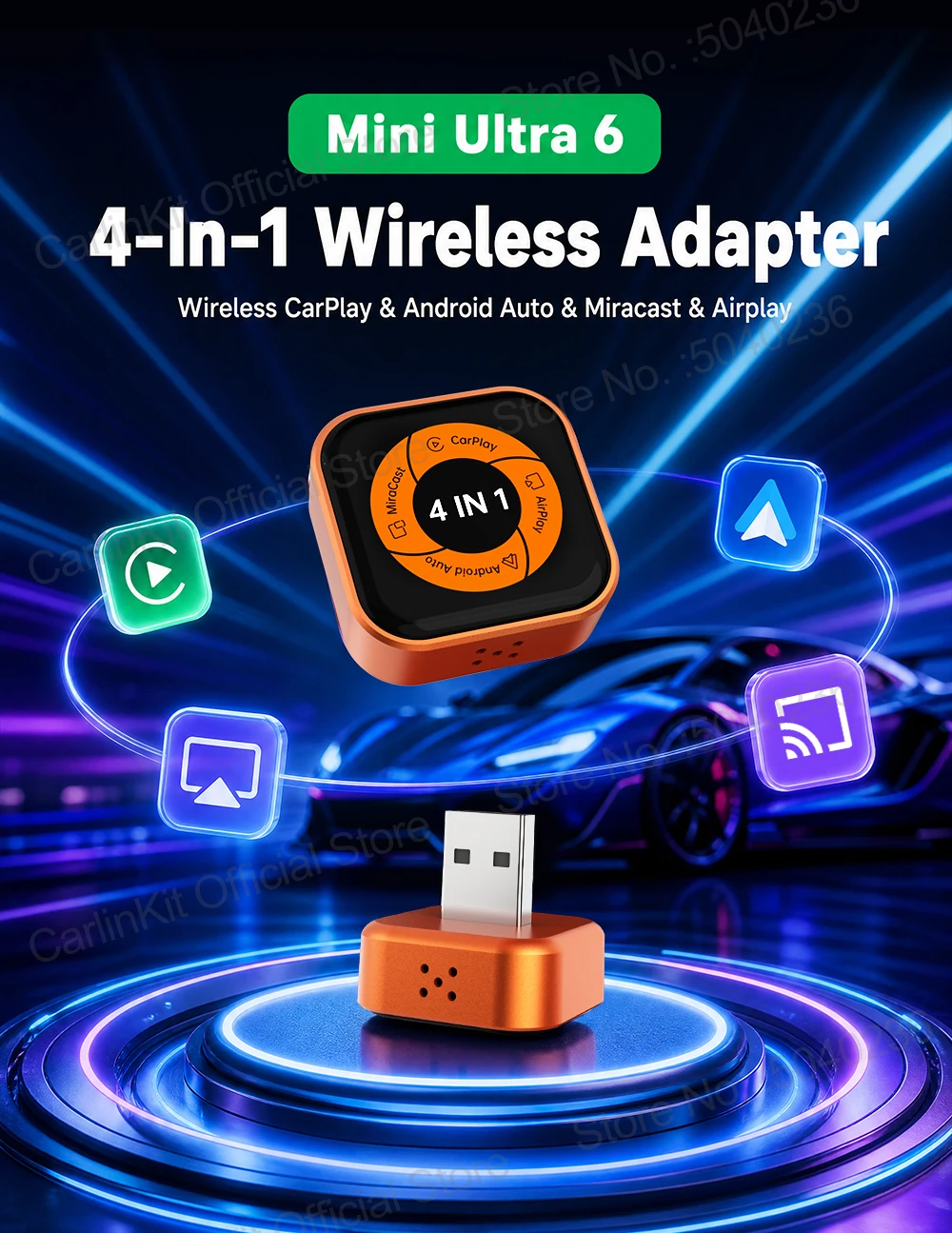 Mini Ultra 6 4-in-1 Wireless-Adapter, kabelloses Bildschirm-Spiegelungsgerät, Android Auto CarPlay-Adapter für kabelgebundene CarPlay-Fahrzeuge, einfache Verbindung. – Detail 1