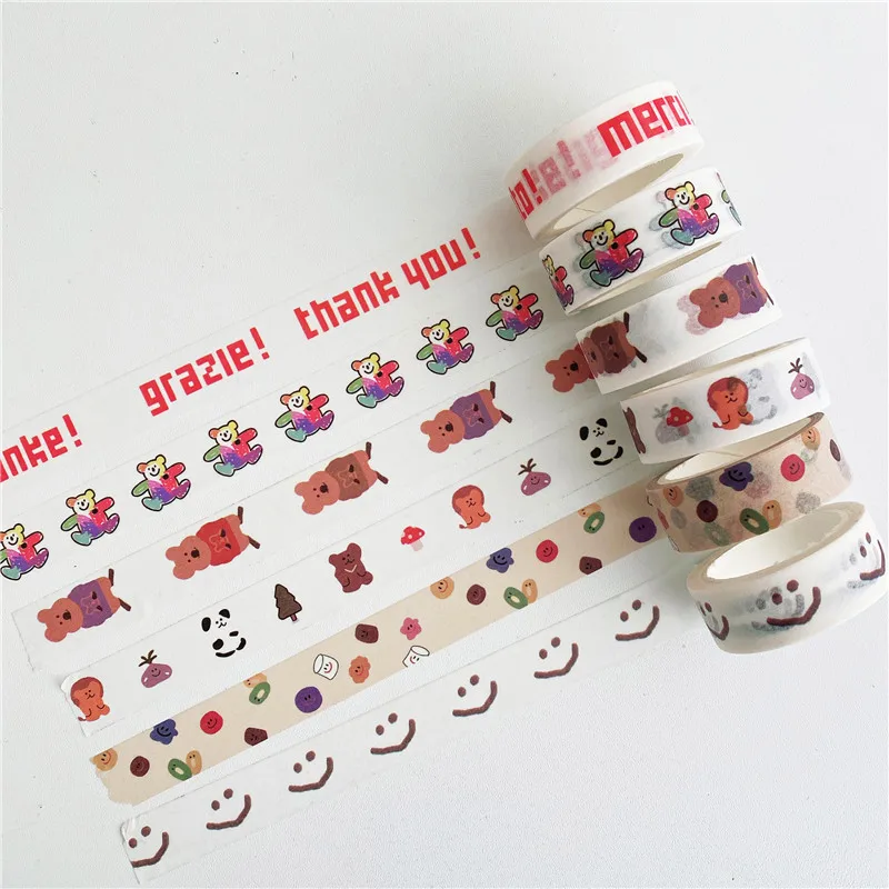 ins Korea cartoon bear little girl and paper tape hand account stickers sealed stickers simple series stationery