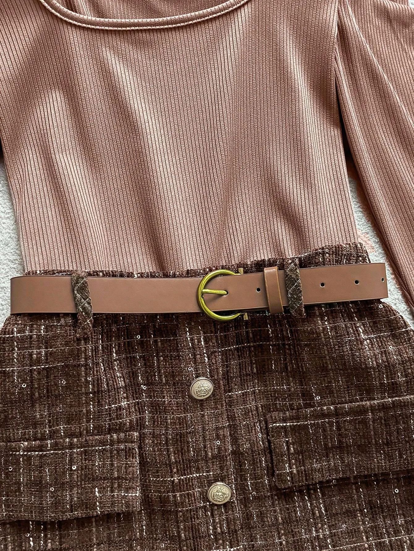 Brown Tweed Plaid Skirt & Ribbed Square Neck Top 2-Piece Set with Belt
