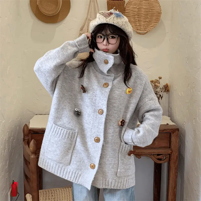 

Korean Sweater Cardigan Atmospheric Detachable Brooch High Collar Women New Autumn Winter Loose Lazy Style Knitted Jacket