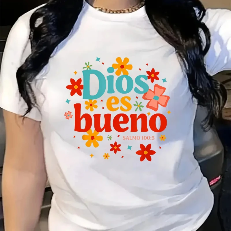 

Women's Stylish Floral Letter Print Short Sleeve T-Shirt "Dios Es Bueno" Design in Vibrant Colors Casual Round Neck Tee
