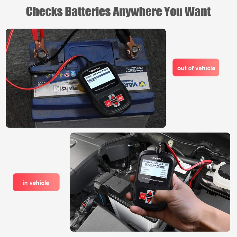 FOXWELL BT100 Pro Car Battery Tester Analyzer 12V 100-1100CCA Detect Health Faults Automotive 12 Volts Battery Diagnostic Tools