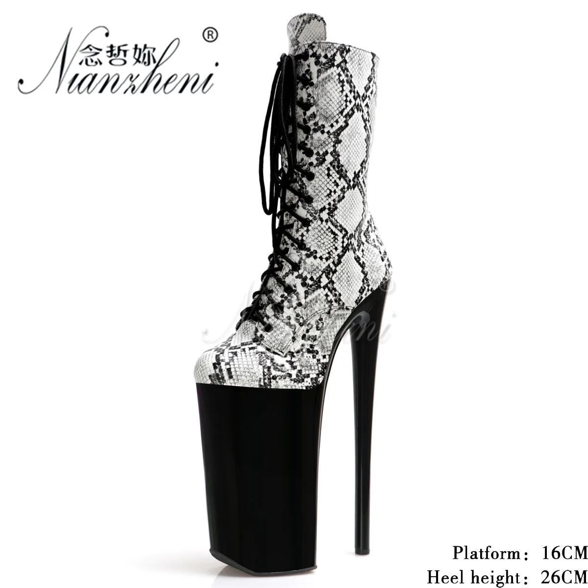 Sexy Fetish lady Shoes 26cm Snake Print Stripper Heels Exotic Ankle Boots Platform Lace Up Strip Pole Dance 10 Inches Clubbing