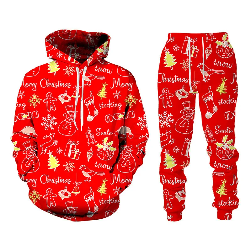 Men\'s Hoodie Sets 3D Print Men Women Christmas Santa Claus Cosplay Tracksuit Pants 2Pcs Suits Oversized Pullover Kids Clothing