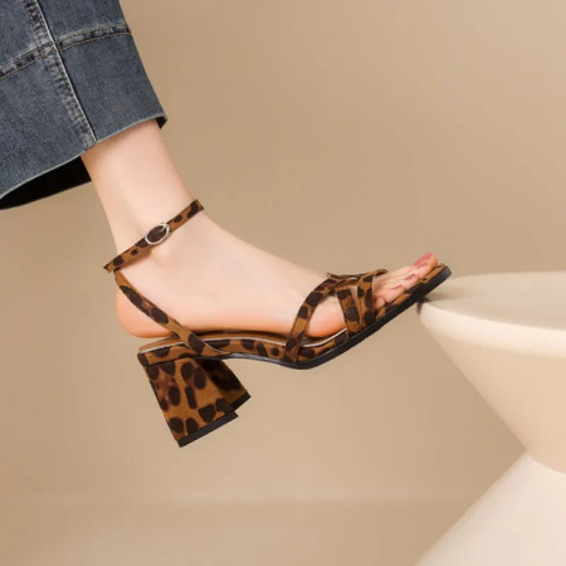 

2025 Hot Sale Women's Shoes Open Toe Women's Sandals Fashion Leopard Print Office and Career New Plus Size Heeled Sandalszapatos