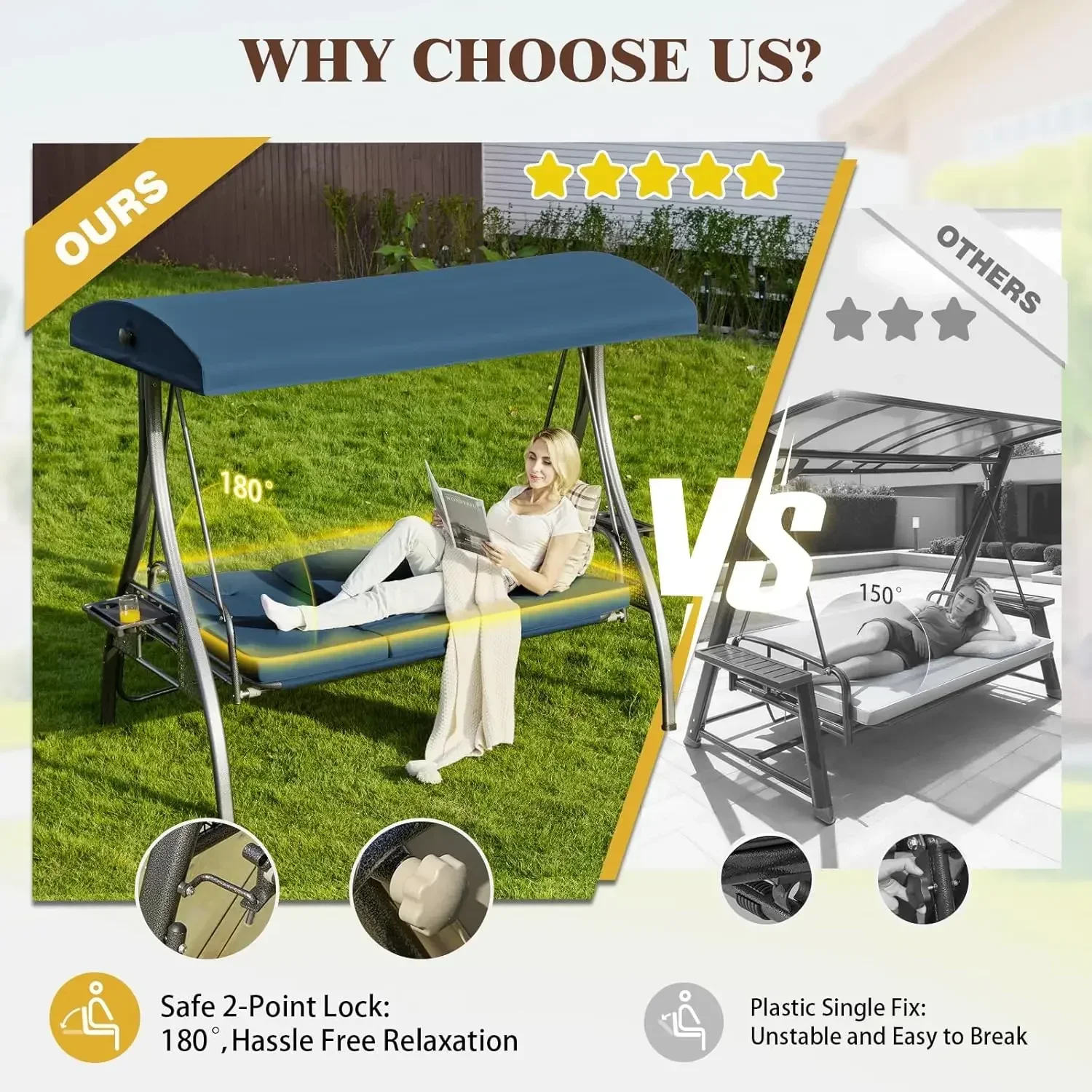 Upgrade 180° Convertible Outdoor Swing with Stand, 3-Seat Patio Swing for Adults 800lb Bearing Capacity, Adjustable Porch Swing