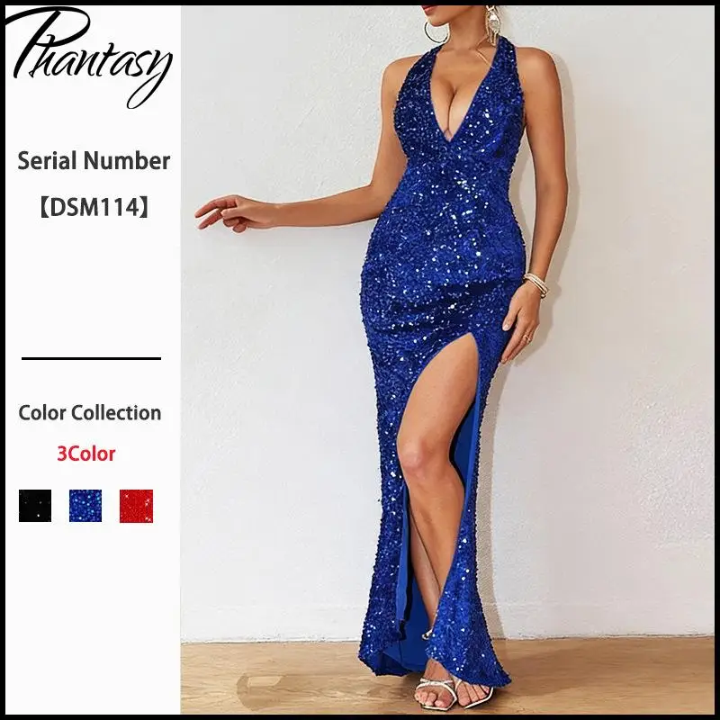 

Sexy V-neck Halter-neck Solid-color Evening Gown Lady Hot girl Backless Slit Sequin Long Dress for Women Summer Party Dress up
